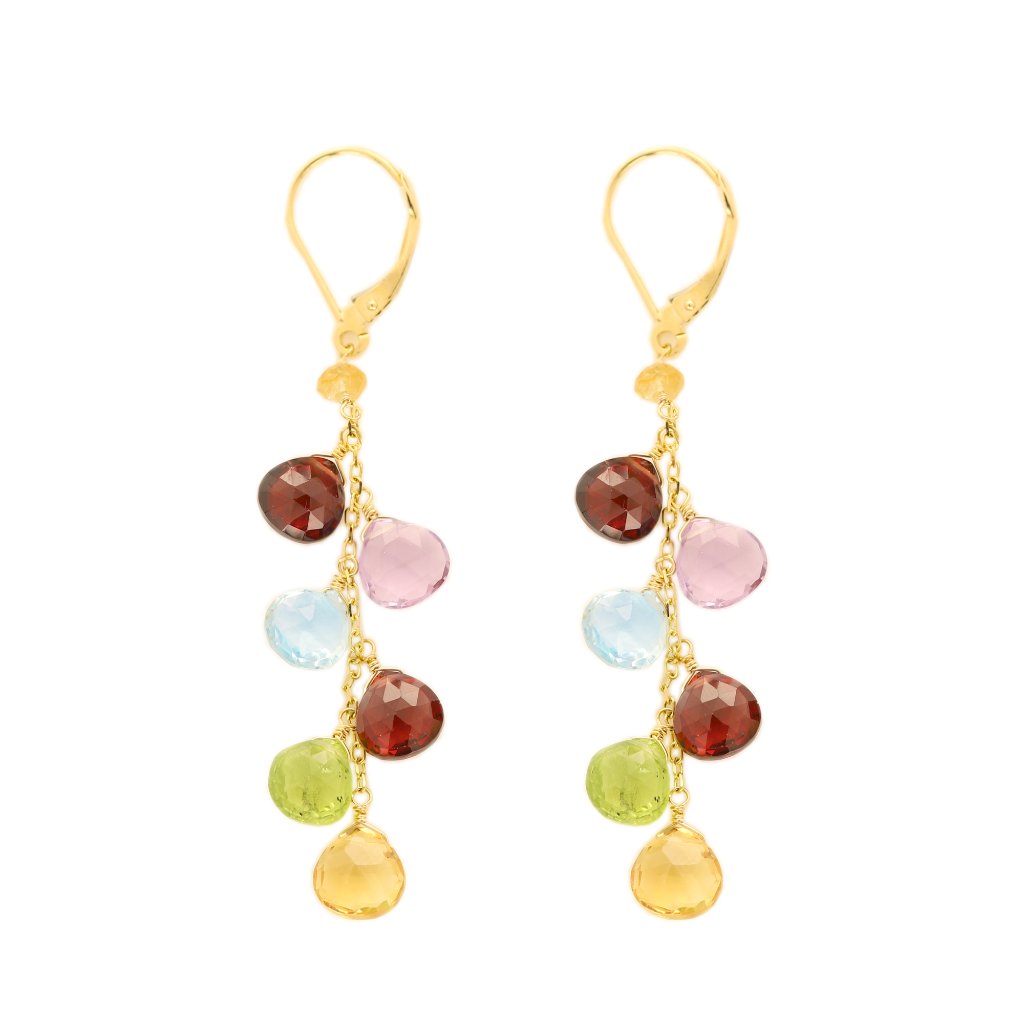 Dangling Earrings Multi Color Semi Precious Gems 14k Yellow Gold Dangle Earring
